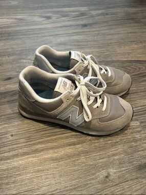 New Balance Taupe and White 574 Low-Top Sneakers